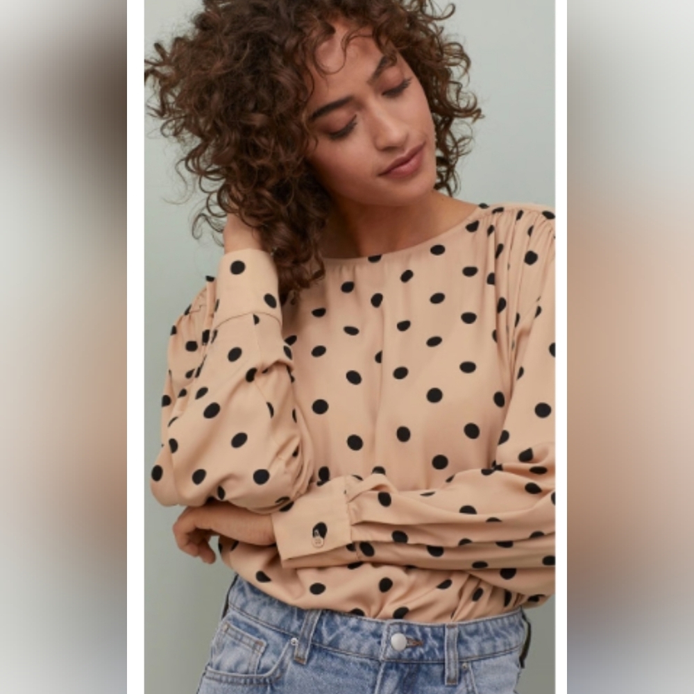 H&M Black Batwing Sleeve Polka Dot Blouse - Tan  Sz L